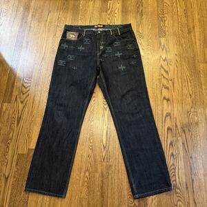 AKADEMIKS NATIVE WARRIORS DENIM JEANS Embroidered Leather Trim Size 40 X 34
